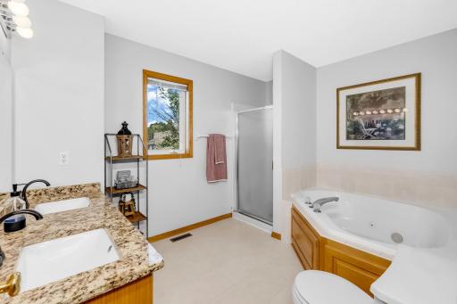 Upper level bath with separate shower, whirlpool tub and granite vanity top
