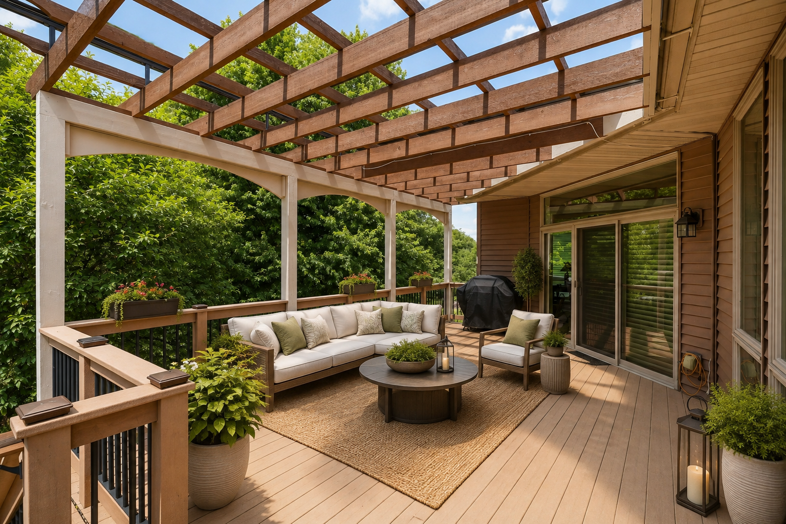 Large maintenance free deck with pergola (new 2023) and Sunesta retractable awning/shade