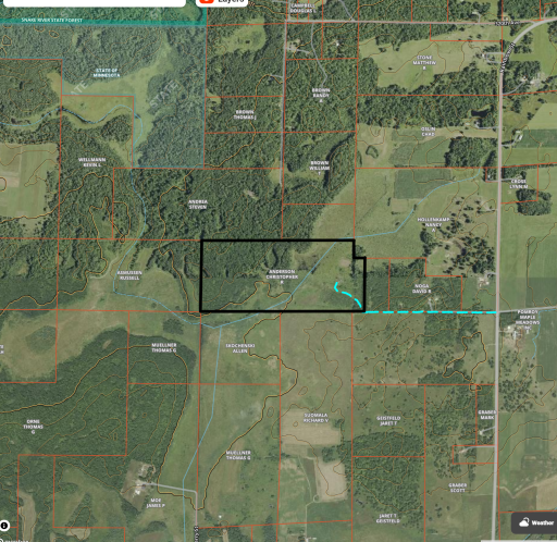 Lines are approximate. The blue marks that begin at Rainbow & 310th Ave are where the easement to access the property, is.