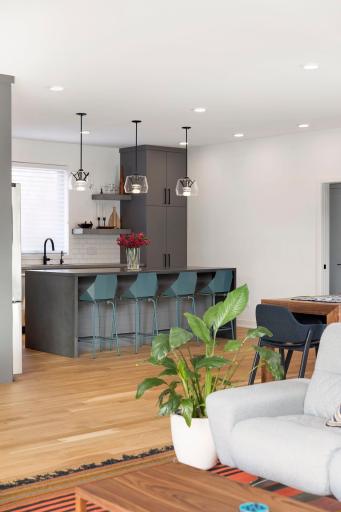 The open concept kitchen is centerted by an island designed with a honed concret waterfall counter