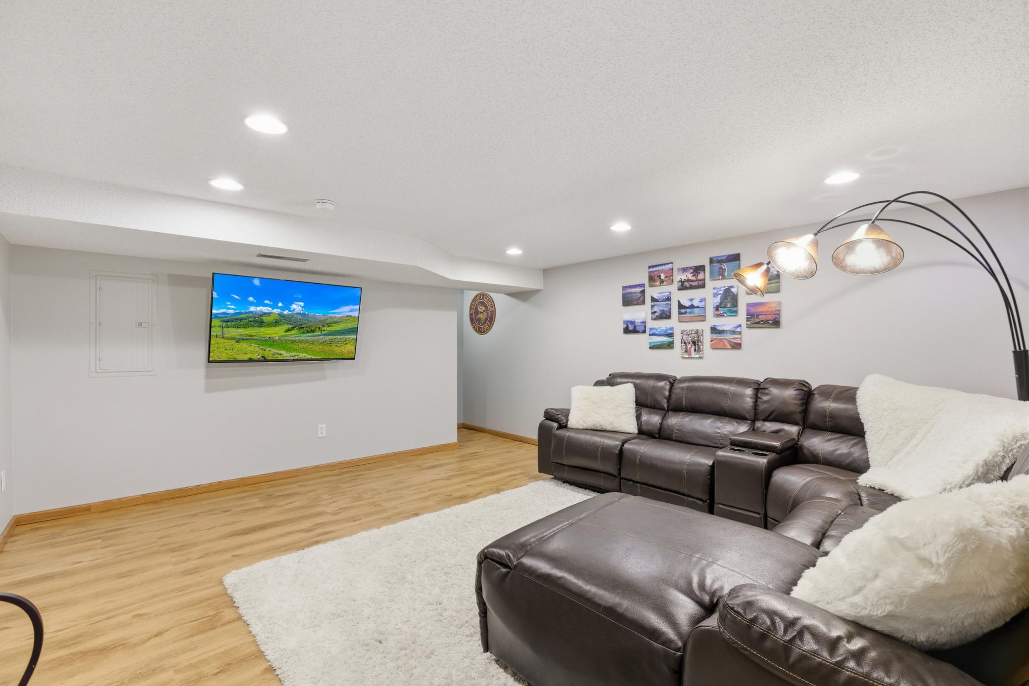 Lower level family room is perfect for getting cozy on the couch and watching a movie.