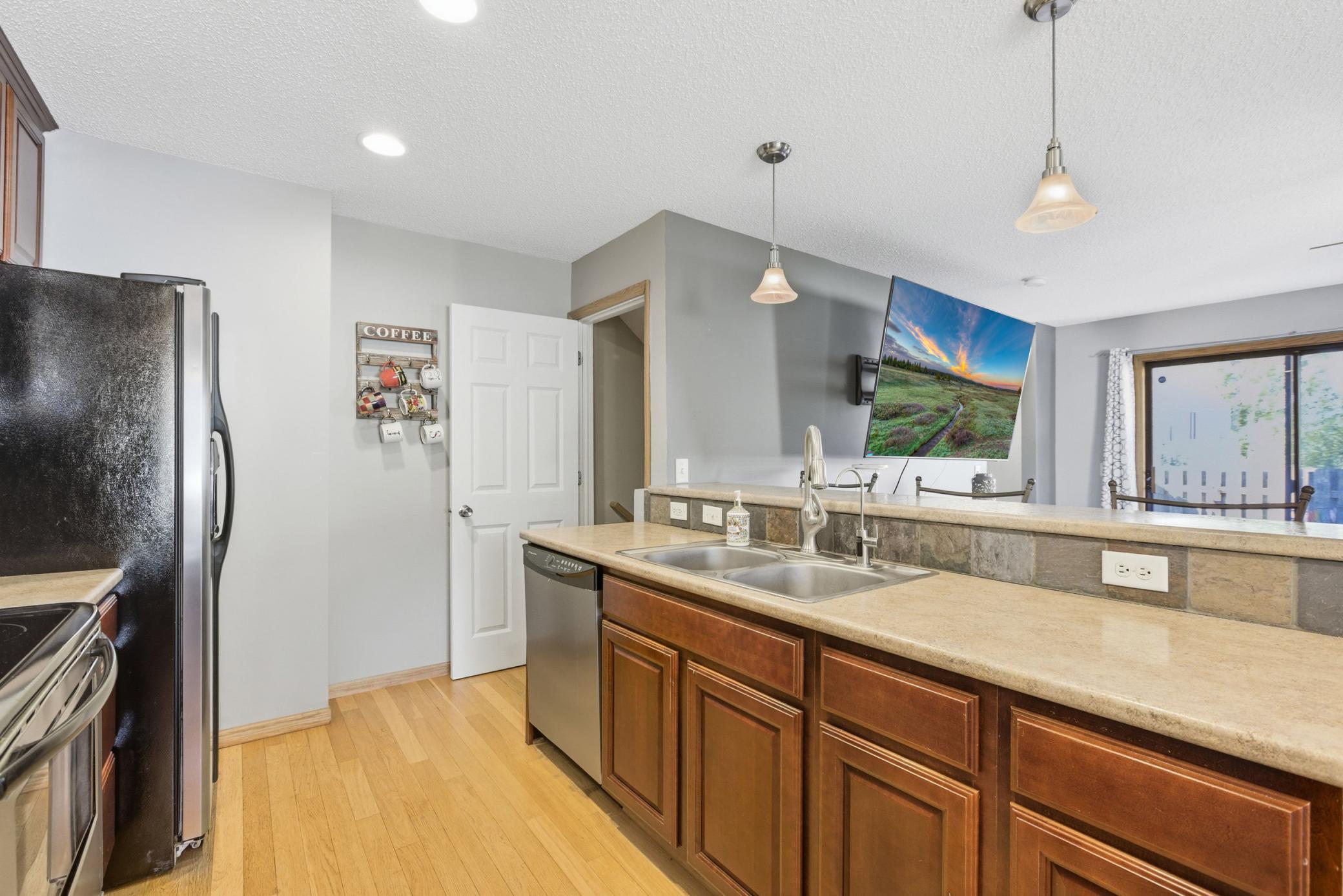Kitchen overlooks the living room