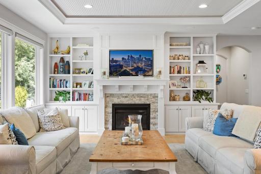 Classic Living Room with Gas Fireplace and Built-In Cabinetry