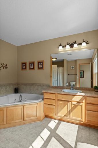 The walk-through bathroom includes a separate shower and jetted tub.
