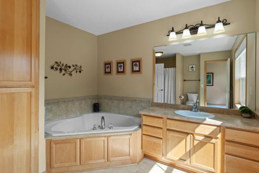 The walk-through bathroom includes a separate shower and jetted tub.