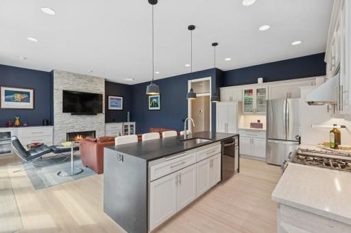 Elegant waterfall granite countertops on center island