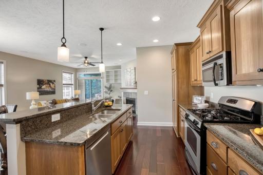 Expansive kitchen space includes a walk-in pantry, stainless steel fridge, and convenient access to the mudroom and garage.