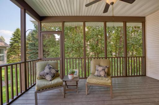 Relax and unwind in the spacious screened porch with ceiling fan, offering a peaceful view of the lush surroundings.