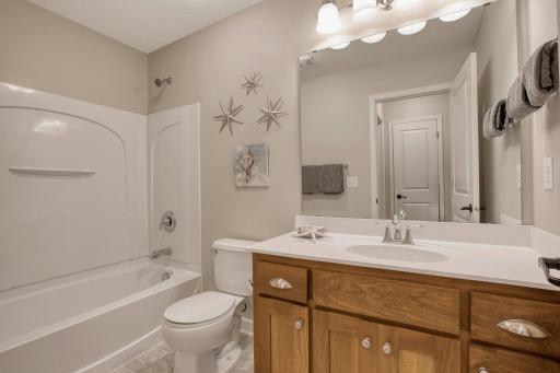 Full lower-level bathroom featuring tub/shower combo, wood vanity, and clean finishes.
