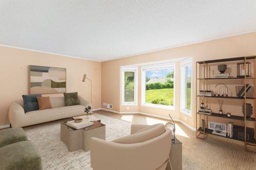 virtually staged. Living room with bay window looking toward the backyard