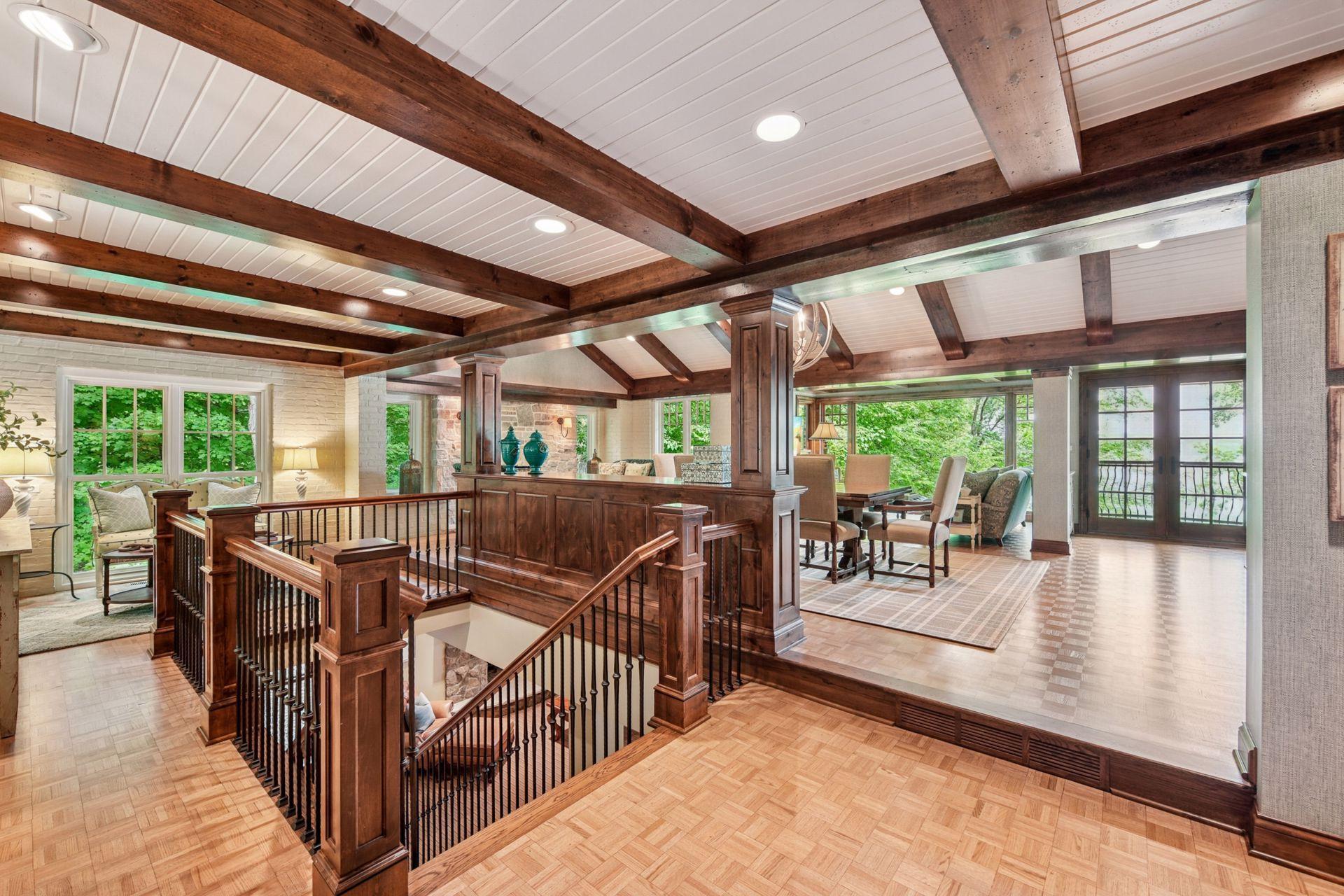 Step inside to appreciate the wood beam ceilings