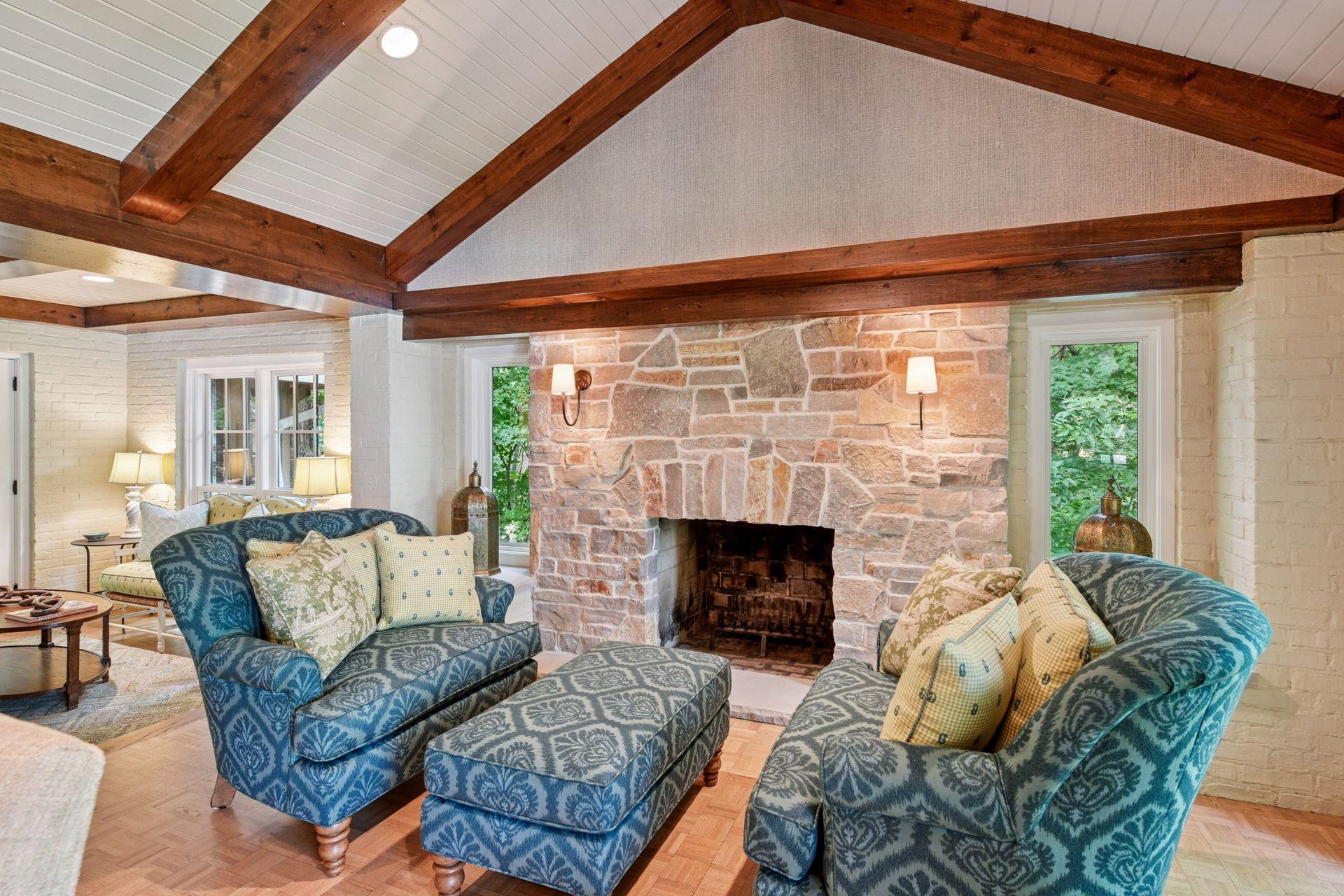 Cozy up by the wood burning fireplace