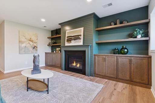 Elegant floating shelves to display all of your favorite decor. Perfect spot to entertain or unwind