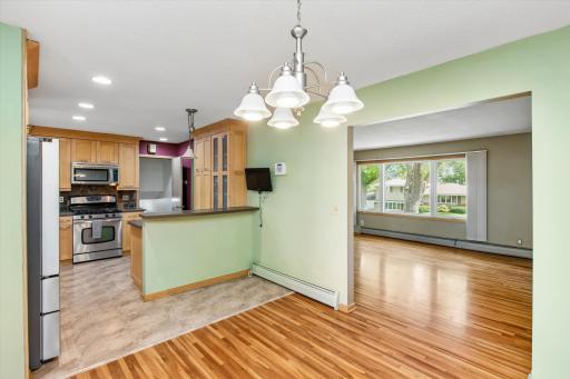 The main level kitchen, living room and dining.