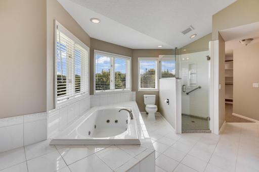 Luxurious bath with dual-sided fireplace & soaking tub.
