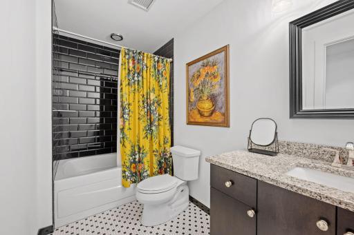 The full bathroom, equip with a jetted tub, off of the interior bedroom.