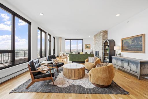 This corner unit of The Legacy in the Mill District gives sweeping views of the Mississippi River, downtown Minneapolis, and the University of Minnesota.