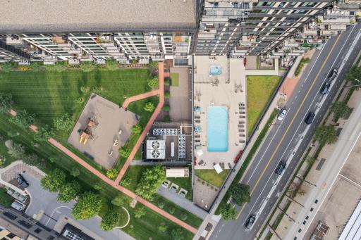 Bird's eye view of the pool, hot tub and play area.