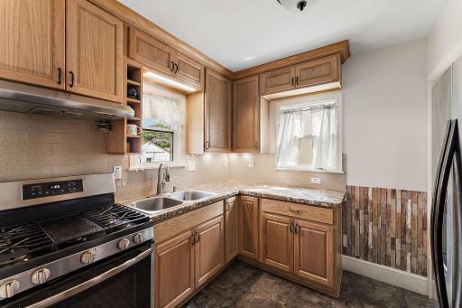 New cabinets, countertops, backsplash, fixtures, and stainless steel appliances!