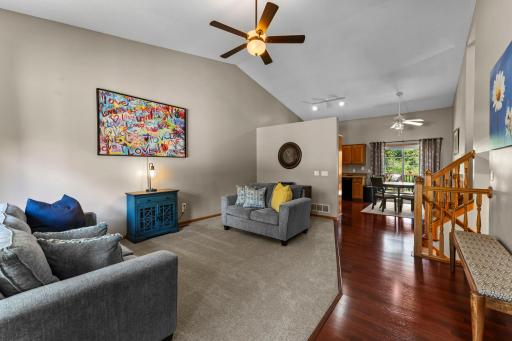 The living room features soaring vaulted ceilings.