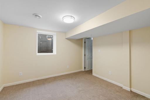 Lower-level bedroom with brand-new egress window, walk-in closet, and fresh carpeting.