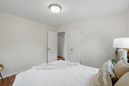 Bedroom includes a closet with convenient access to the hallway and bathroom.