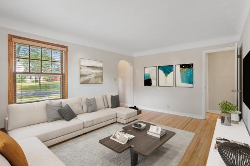 Livingroom with newly refinished original hardwood floors.