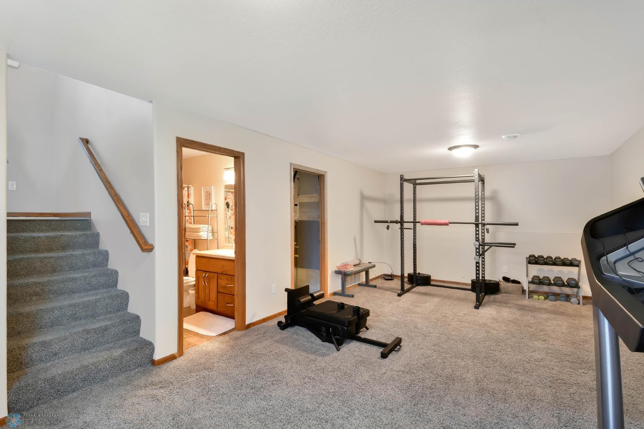 Family room being used as gym