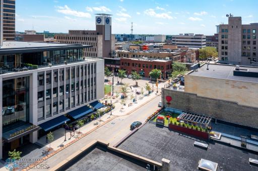 Aerial view of rooftop deck and Broadway Square
