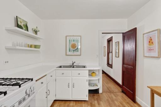 Charming vintage features like curved shelving.