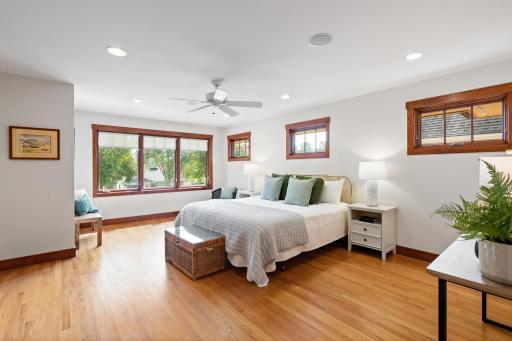 First of three bedrooms on the upper level offers alternate primary bedroom option