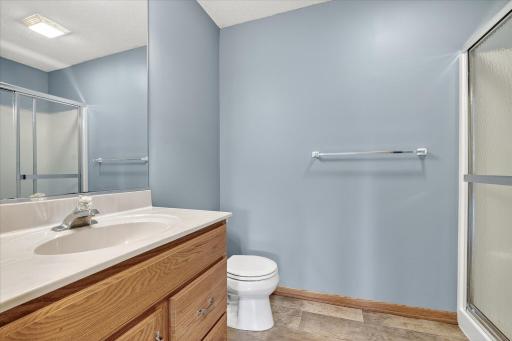 The lower level bathroom features a walk-in shower and low maintenance vinyl flooring, as well as a vanity cabinet with a single piece counter-top/sink combo.