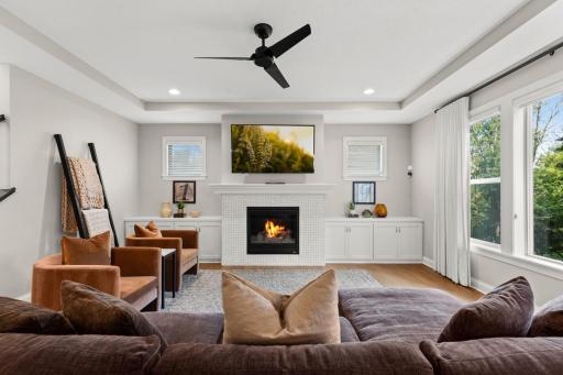Cozy fireplace centers the main living area