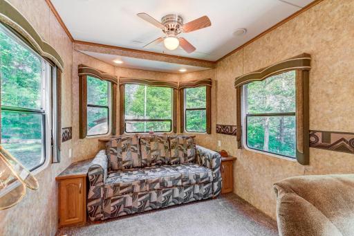 Clean, bright, and spacious inside the park model camper.