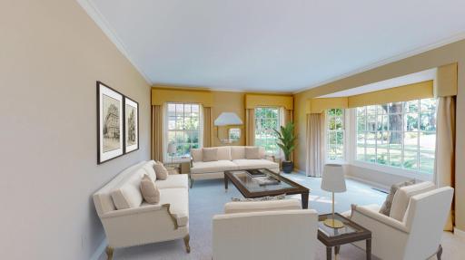 Spacious living room with large bay window. virtually staged