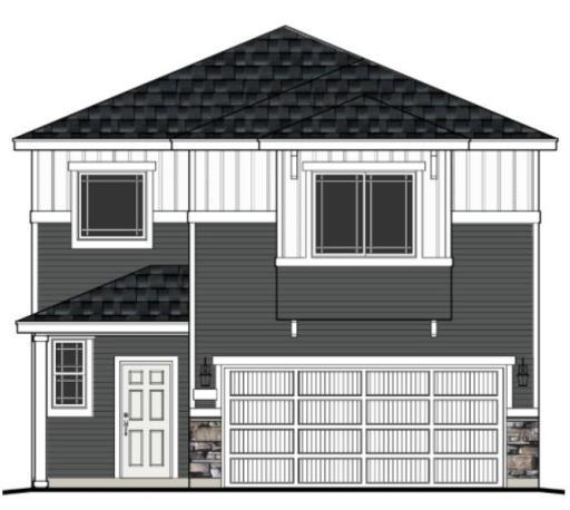 3210 Kady Ave NE- Rendering showcases exterior color scheme selected for this home including stone accents. Home features a 2 story ceiling, main level flex room plus a great room, 3 bedrooms plus a versatile loft upstairs, & upper laundry room.