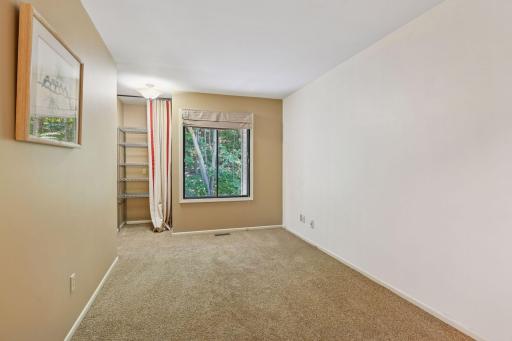 Second bedroom offers multiple storage spaces and nature views.