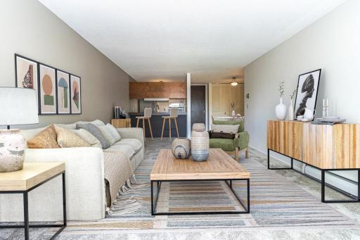 Welcome to 2800 Hamline #330. The living room virtually staged in this photo.
