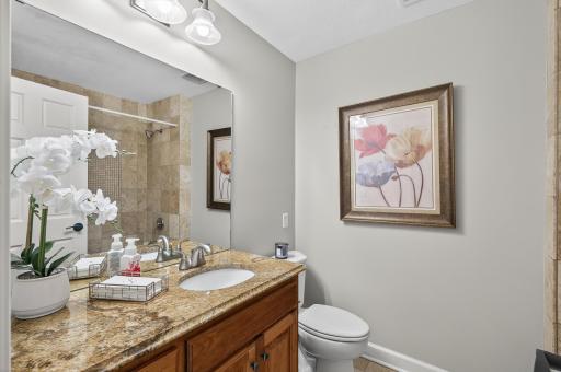 The main-floor full bathroom is thoughtfully designed with both style and function in mind.