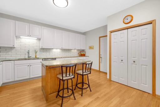 Granite countertops, enameled cabinets, tile backsplash