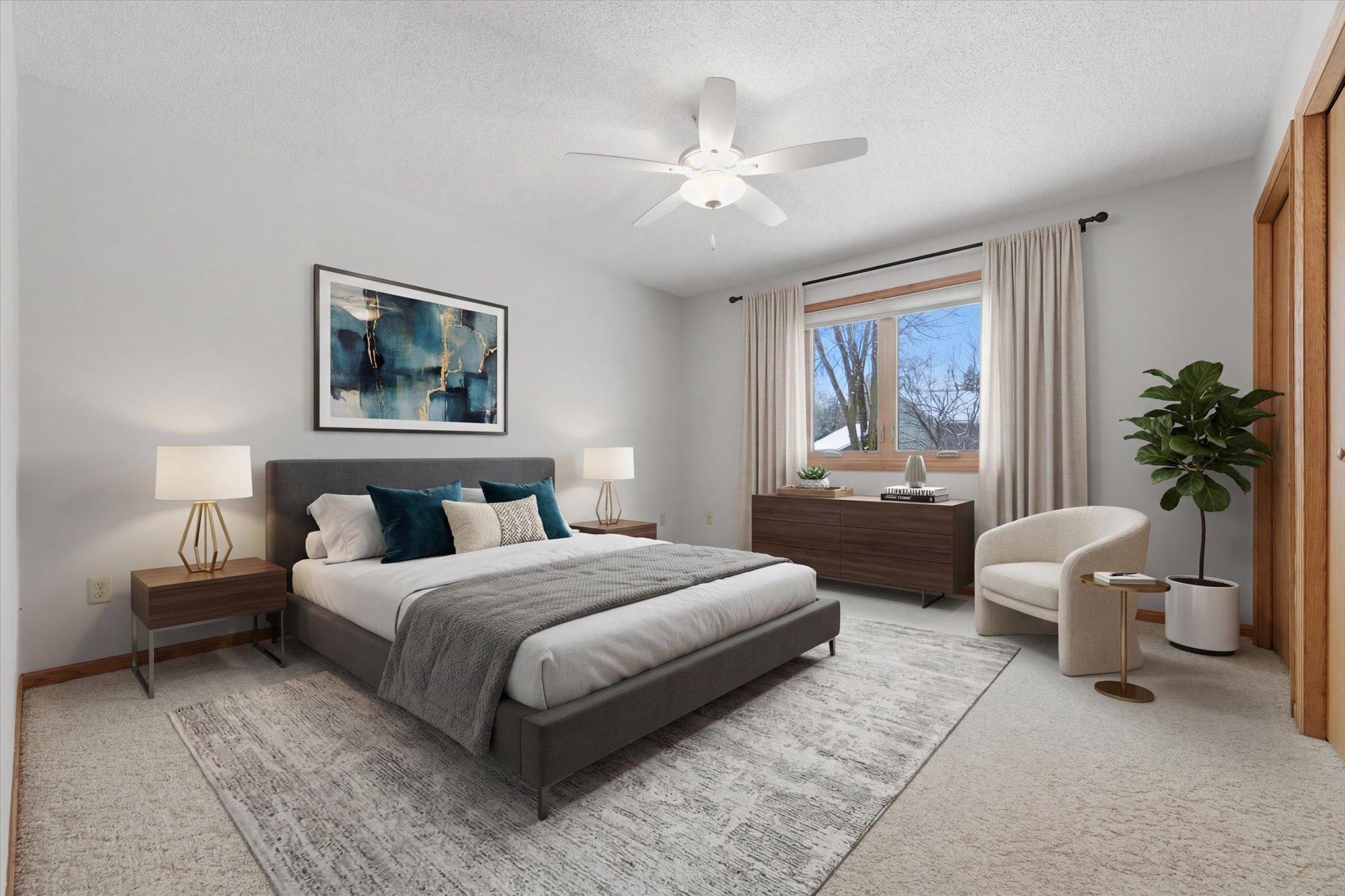 Primary bedroom. This photo has been virtually staged.