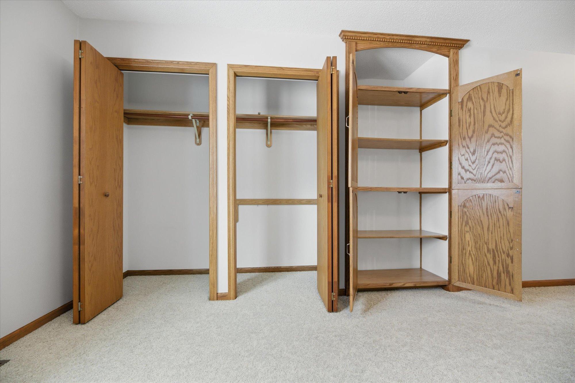 20'x13' Primary Suite is the perfect fit for king-size furniture, reading/recliner chair. Dual closets and built-in wardrobe/entertainment cabinet.