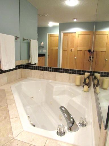 Spa tub-deep jetted tub with a seat to the side.