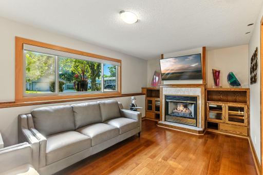 Lower level family room with wood floors, gas fireplace and custom built ins