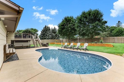 Kidney shaped pool is just the right size for ease of maintenance and entertaining. Owners have converted it to salt water and updated the pool liner, heater and pump system. Also includes child proof cover for winter storage.