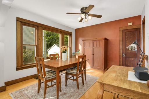 The dining room is big enough to accommodate a table for 6 to 8.