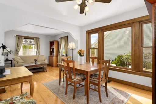A view from the dining room into the living room.