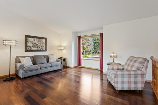 Main level living area with Brazilian chestnut hardwood flooring.