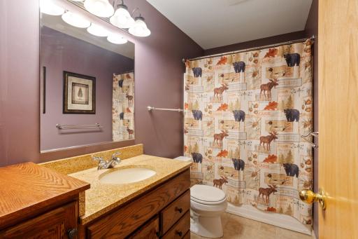 Lower level full bathroom with granite countertops.