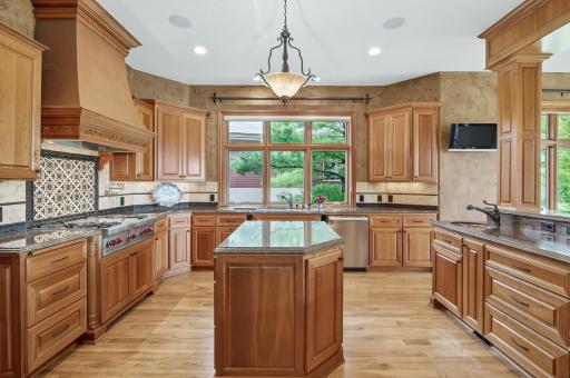 This is a dream kitchen with Wolf cook top, pot filler, gorgeous vent hood, prep sink, cabinet pullouts and stealthy hidden built in microwave.